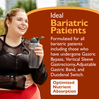 A smiling woman in athletic wear holds a clear plastic water bottle with a dark lid. The image is a promotional graphic with a large brown-orange text panel on the right that reads 'Ideal Bariatric Patients' and additional product information, with no visible brand name.