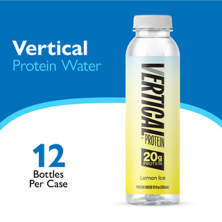 Vertical Protein Water bottle with yellow label on a blue and white background