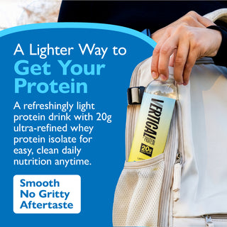 Person holding a protein drink bottle with promotional text about its benefits.
