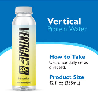 Vertical Protein Water bottle with label on a blue and white background