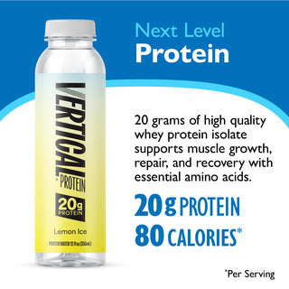 Vertical Protein bottle with lemon ice flavor on a blue background