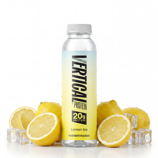 Vertical Protein Lemon Ice bottle with lemons and ice cubes on a white background