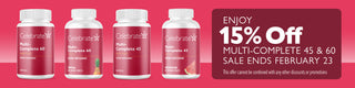 Bottles of Celebrate Complete 45 & 60 multivitamins on a pink background with a discount offer.