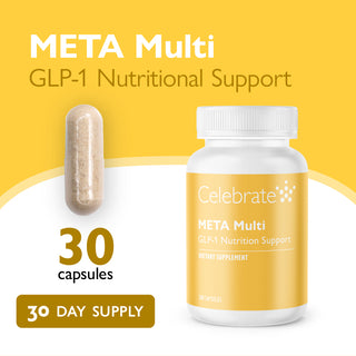 Celebrate META Multi GLP-1 nutritional support supplement bottle and capsule on a yellow background