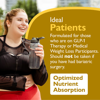 Woman holding a water bottle with text about ideal patients for a product on a yellow background