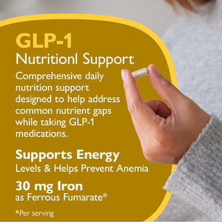 Hand holding a supplement capsule with text about GLP-1 nutritional support on a yellow background