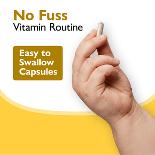 Hand holding an easy-to-swallow capsule with 'No Fuss Vitamin Routine' text on a yellow and white background.