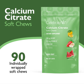 Green package of Calcium Citrate Soft Chews with text on a white background