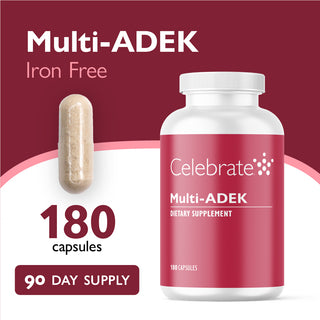 Celebrate Multi-ADEK dietary supplement bottle with capsule on a red background