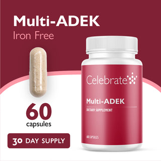 Celebrate Multi-ADEK dietary supplement bottle with capsule on a red background