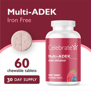 Celebrate Multi-ADEK dietary supplement bottle with a red label on a white background