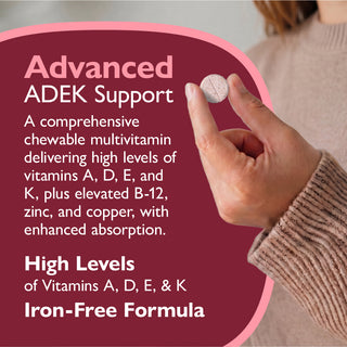 Multivitamin supplement with text about Advanced ADEK Support