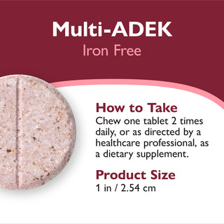 Dietary supplement tablet with 'Multi-ADEK Iron Free' label and usage instructions on a red and white background.