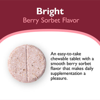 Chewable tablet with 'Bright Berry Sorbet Flavor' text on a red and white background