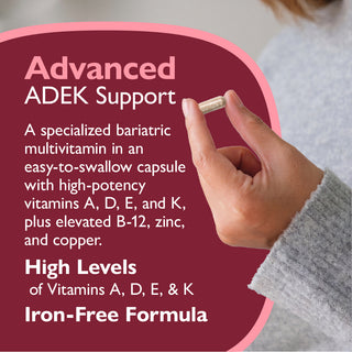 Hand holding a capsule with text about Advanced ADEK Support on a red background