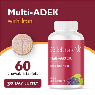 Celebrate Multi-ADEK with Iron dietary supplement bottle on a red background