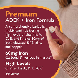 Multivitamin supplement with text about its formula and benefits, held by a hand.