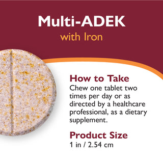 Dietary supplement tablet labeled 'Multi-ADEK with Iron' on a red background