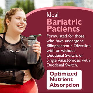 Woman holding a water bottle with text about bariatric patients and optimized nutrient absorption on a red background.