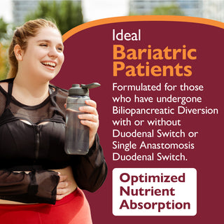 Woman holding a water bottle with promotional text about bariatric patients and optimized nutrient absorption.