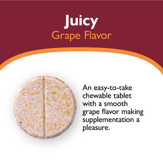  Chewable tablet with grape flavor on a white background, labeled 'Juicy Grape Flavor'.