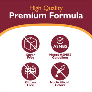 High quality premium formula icons and text indicating high quality, premium formula Icons - sugar free, meets asmbs guidelines, gluten free, no artificial colors 