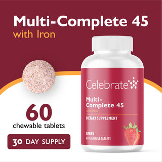 Celebrate Multi-Complete 45 with Iron dietary supplement bottle on a red background