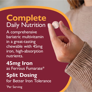 Multivitamin packaging with text about iron content and benefits, held by a person.
