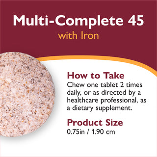 Multivitamin supplement with text on how to take and product size.