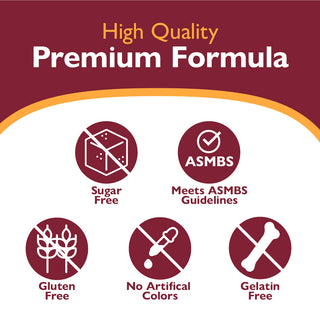 Product label with high quality premium formula features on a red and white background