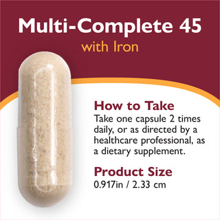 Multivitamin capsule with text on how to take and product size against a red and white background