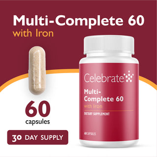 Celebrate Multi-Complete 60 with Iron supplement bottle and capsule on a red and white background