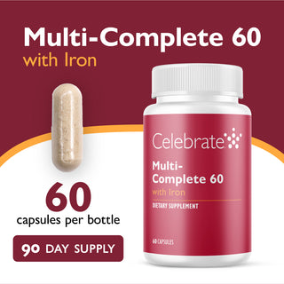 Celebrate Multi-Complete 60 with Iron supplement bottle on a red background