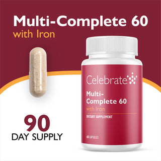 Celebrate Multi-Complete 60 with Iron dietary supplement bottle shown next to a single capsule on a maroon and white background with text indicating 90 day supply.