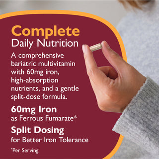 Multivitamin supplement with text about complete daily nutrition, iron content, and split dosing.