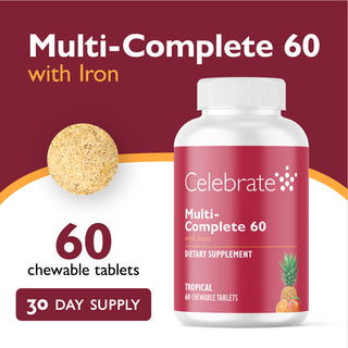 Celebrate Multi-Complete 60 with Iron dietary supplement bottle on a red background