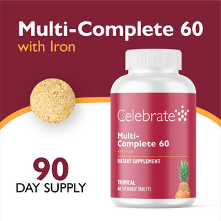 Celebrate Multi-Complete 60 with Iron dietary supplement bottle, featuring a white bottle with a dark red label, shown alongside a single chewable tablet and promotional text on a maroon and white background.
