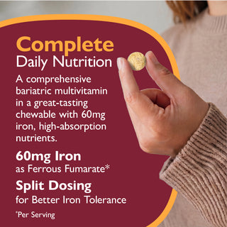 Multivitamin supplement with text about complete daily nutrition, iron content, and split dosing.