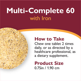 Supplement tablet labeled 'Multi-Complete 60 with Iron' on a red background