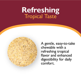 Chewable product with 'Refreshing Tropical Taste' text on a maroon background