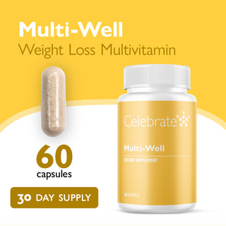 Celebrate Multi-Well weight loss multivitamin bottle with capsule on yellow background