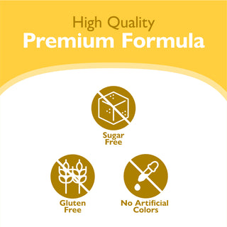 High quality premium formula icons and text indicating high quality, premium formula Icons - sugar free, gluten free, no artificial colors or flavors
