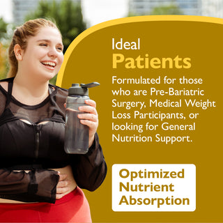 Woman holding a water bottle with text about ideal patients for a product on a yellow background