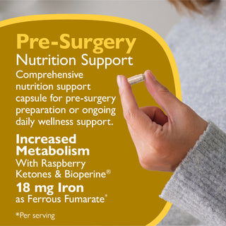 Hand holding a capsule with pre-surgery nutrition support information on a yellow background