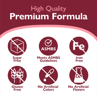 High quality premium formula icons and text indicating high quality, premium formula Icons - sugar free, meets asmbs guidelines, gluten free, no artificial colors or flavors