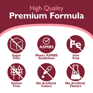 High quality premium formula icons and text indicating high quality, premium formula Icons - sugar free, meets asmbs guidelines, gluten free, no artificial colors or flavors