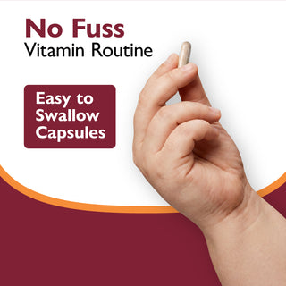 Hand holding an easy-to-swallow capsule with 'No Fuss Vitamin Routine' text on a white background.