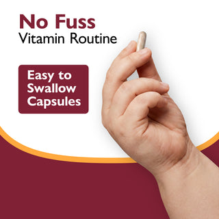 Hand holding an easy-to-swallow capsule with 'No Fuss Vitamin Routine' text on a white background.