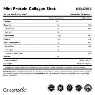 Nutritional label for a Mini Protein Collagen Shot with blue raspberry flavor, including serving size, calories, and ingredients.