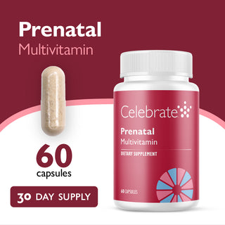Celebrate Prenatal Multivitamin bottle with capsule on a red background